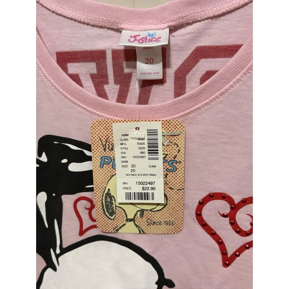 Justice Peanuts Snoopy Woodstock Pink Glitter Rhinestone T-Shirt Size 20 NWT
